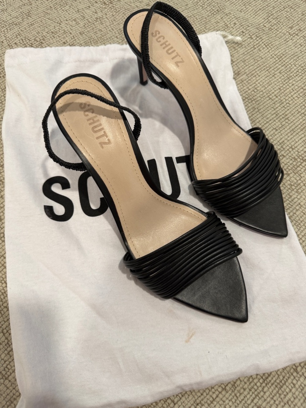 SCHUTZ Black Pointed-Toe Slingback Heels with Textured Straps